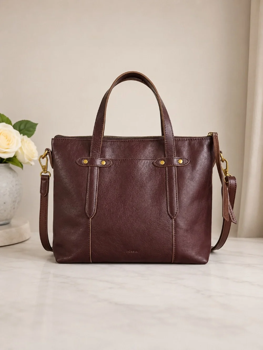 Fossil Felicity Bordeaux Leather Satchel Tote Bag Purse